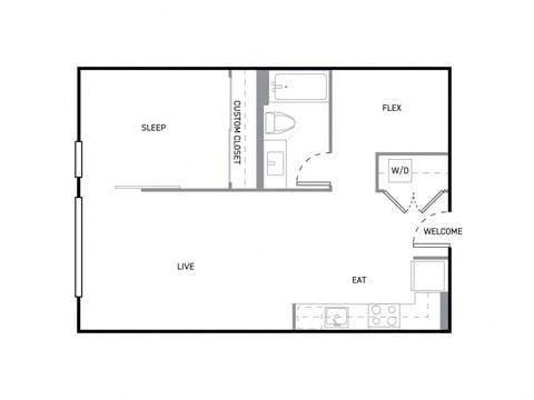 Floor plan for 1 bed, 1 bath, 713 sqft